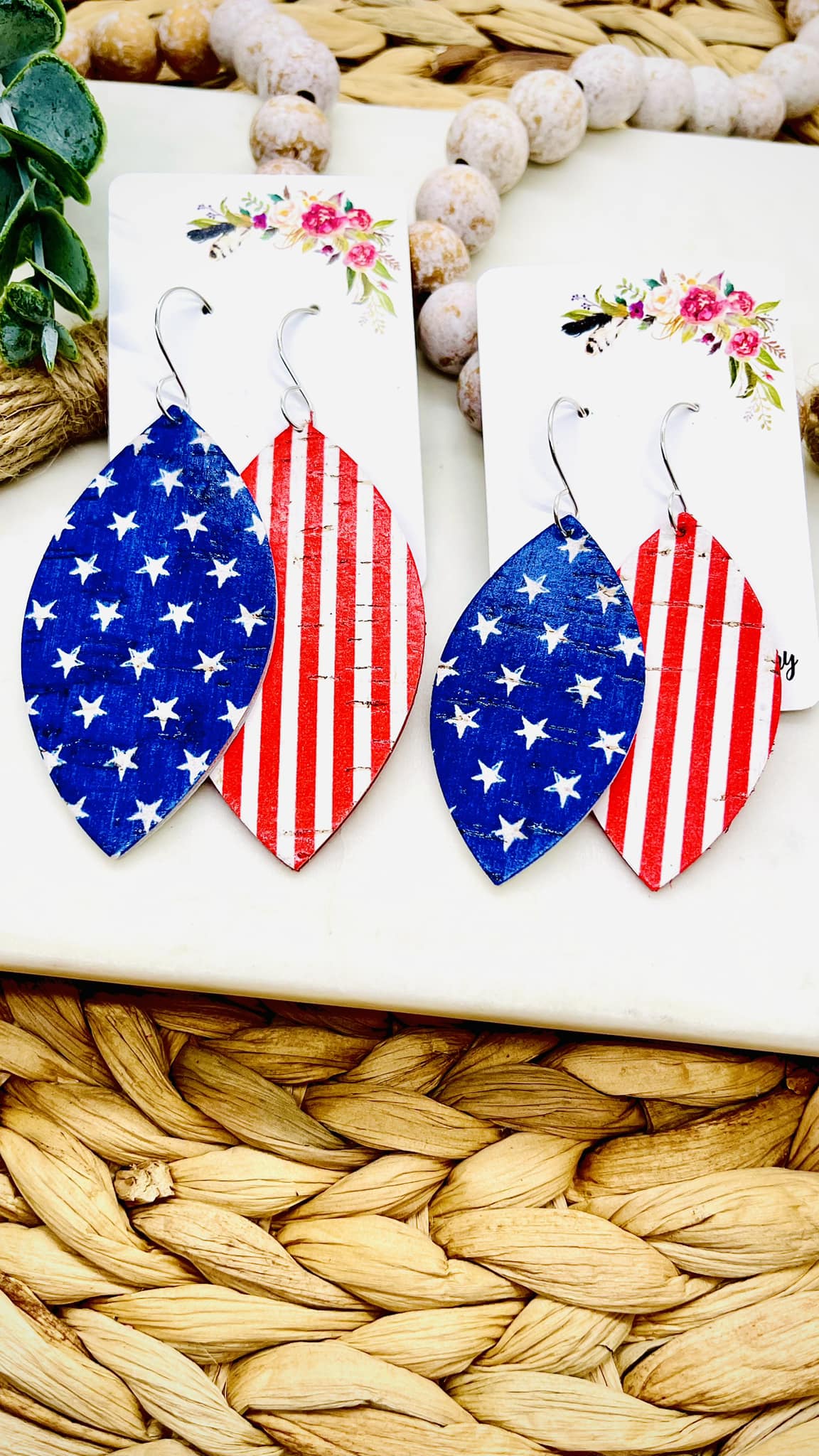 Stars and Stripes Skinny Leaf Leather Cork Earrings