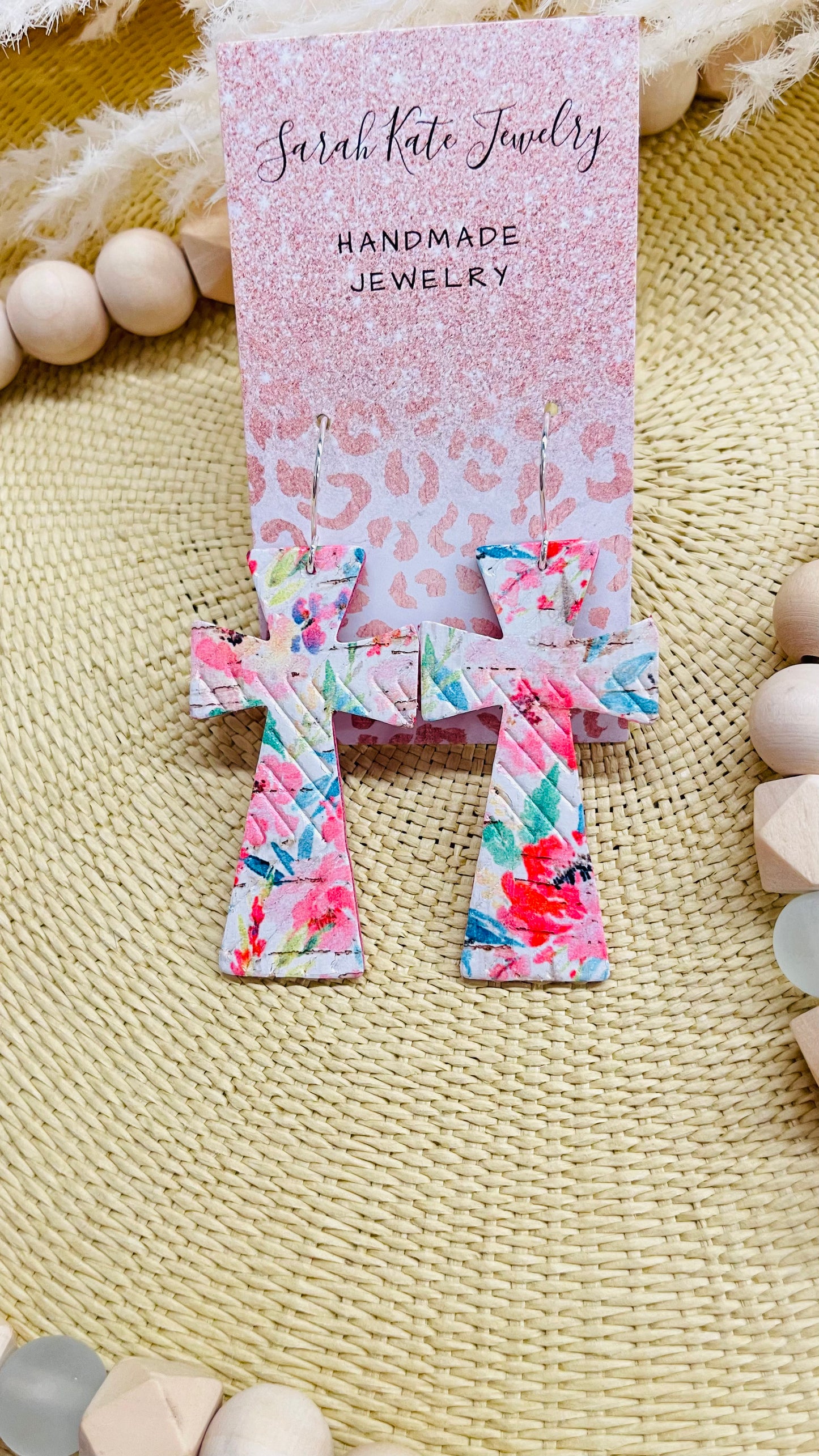 Bright Pink Floral Embossed Cross Leather Earrings