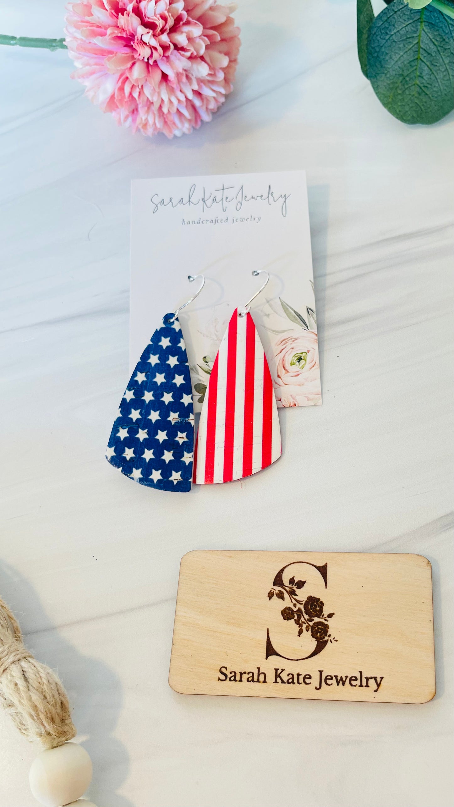 Star Spangled Banner Hoop and Wedge Cork Leather Earrings