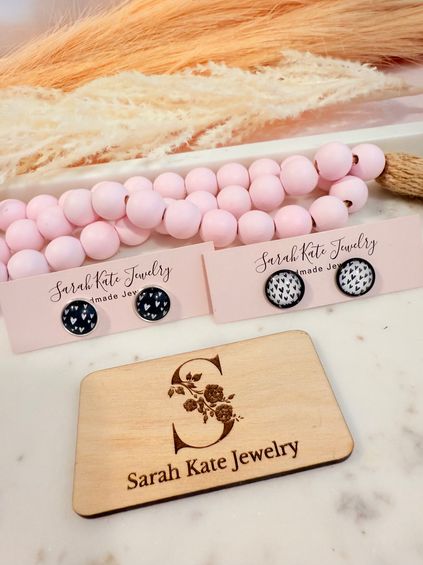 12mm Black & White Heart Studs