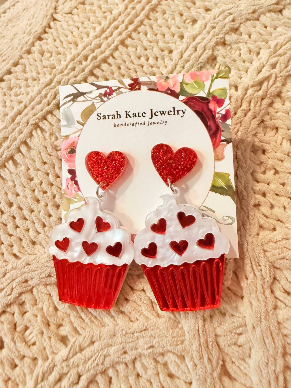 Red Valentine Cupcake Heart Earrings