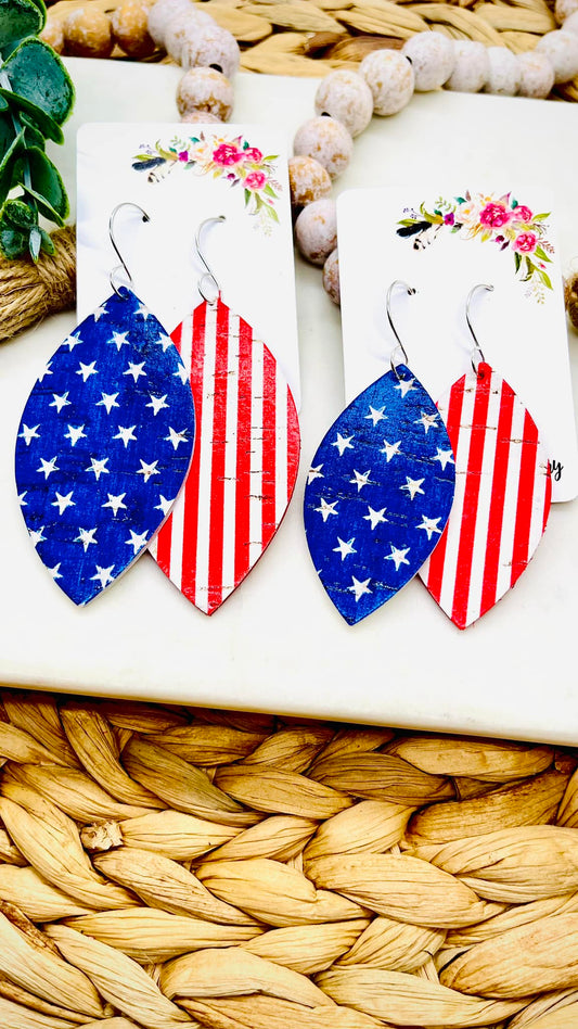 Stars and Stripes Skinny Leaf Leather Cork Earrings