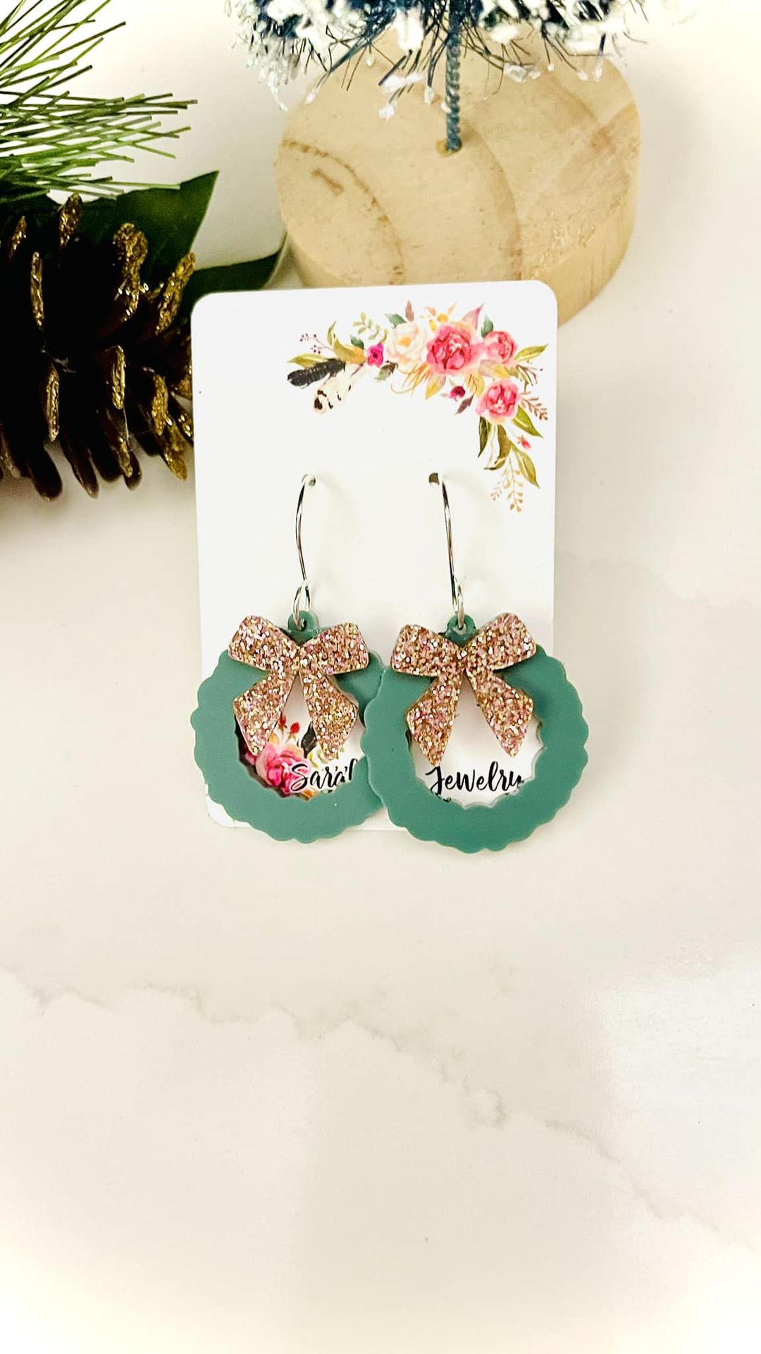 Sage Green Rose Gold Glitter Bow Wreath Earrings