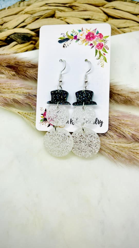 White Glitter Snowmen Acrylic Earrings