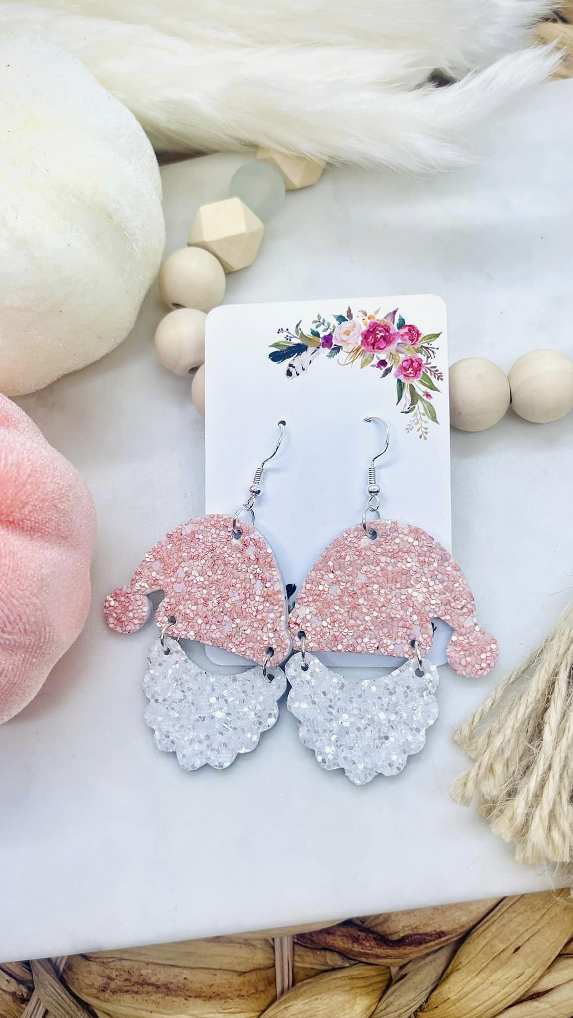 Pink Glitter on Mauve leather White Glitter Santa Leather Earrings