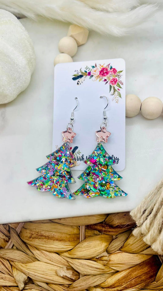 Gala Glitter Tree Acrylic Rose Gold Star Earrings