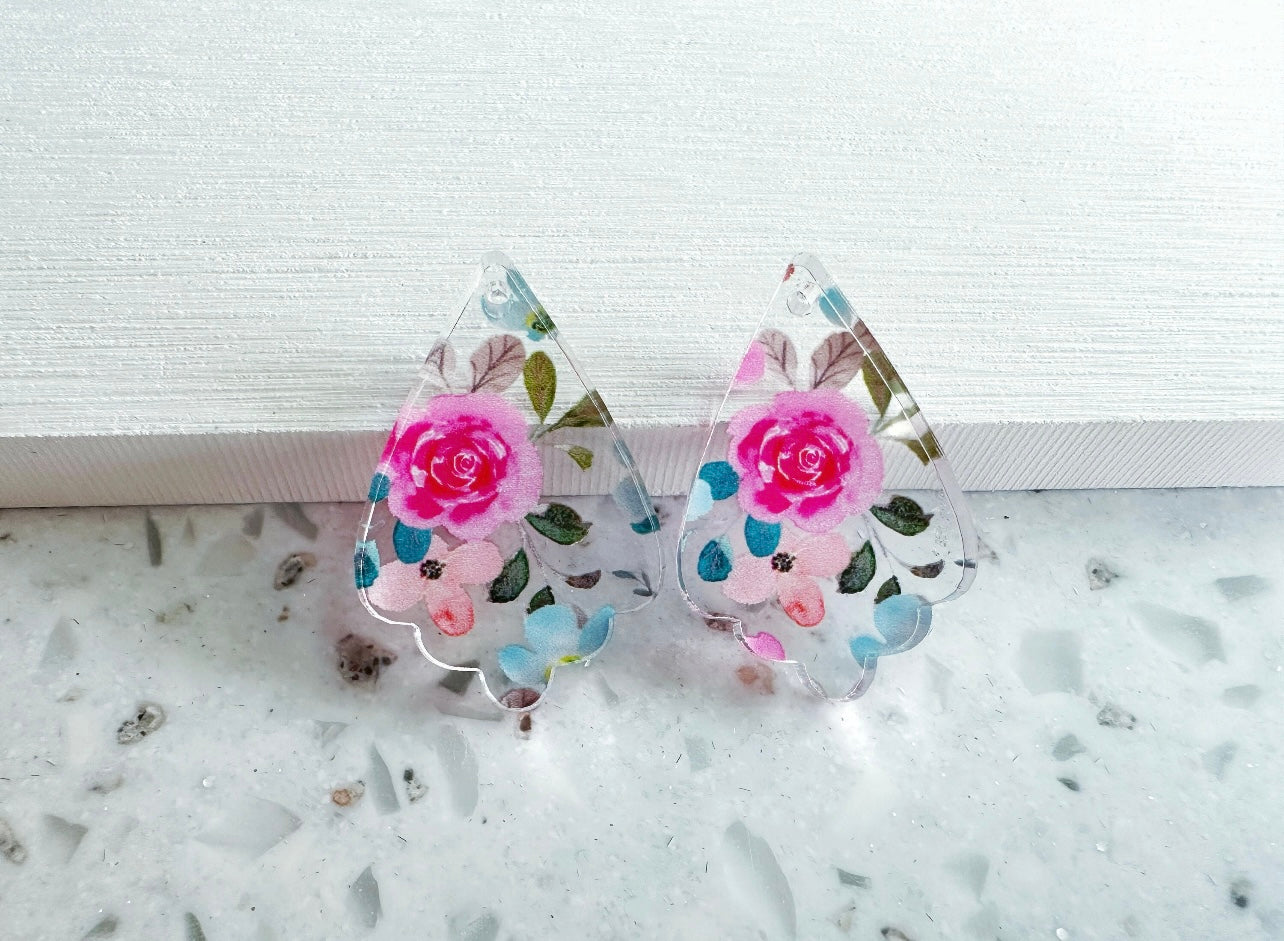 Aqua Pink Floral Scalloped Dainty Acrylic Earrings