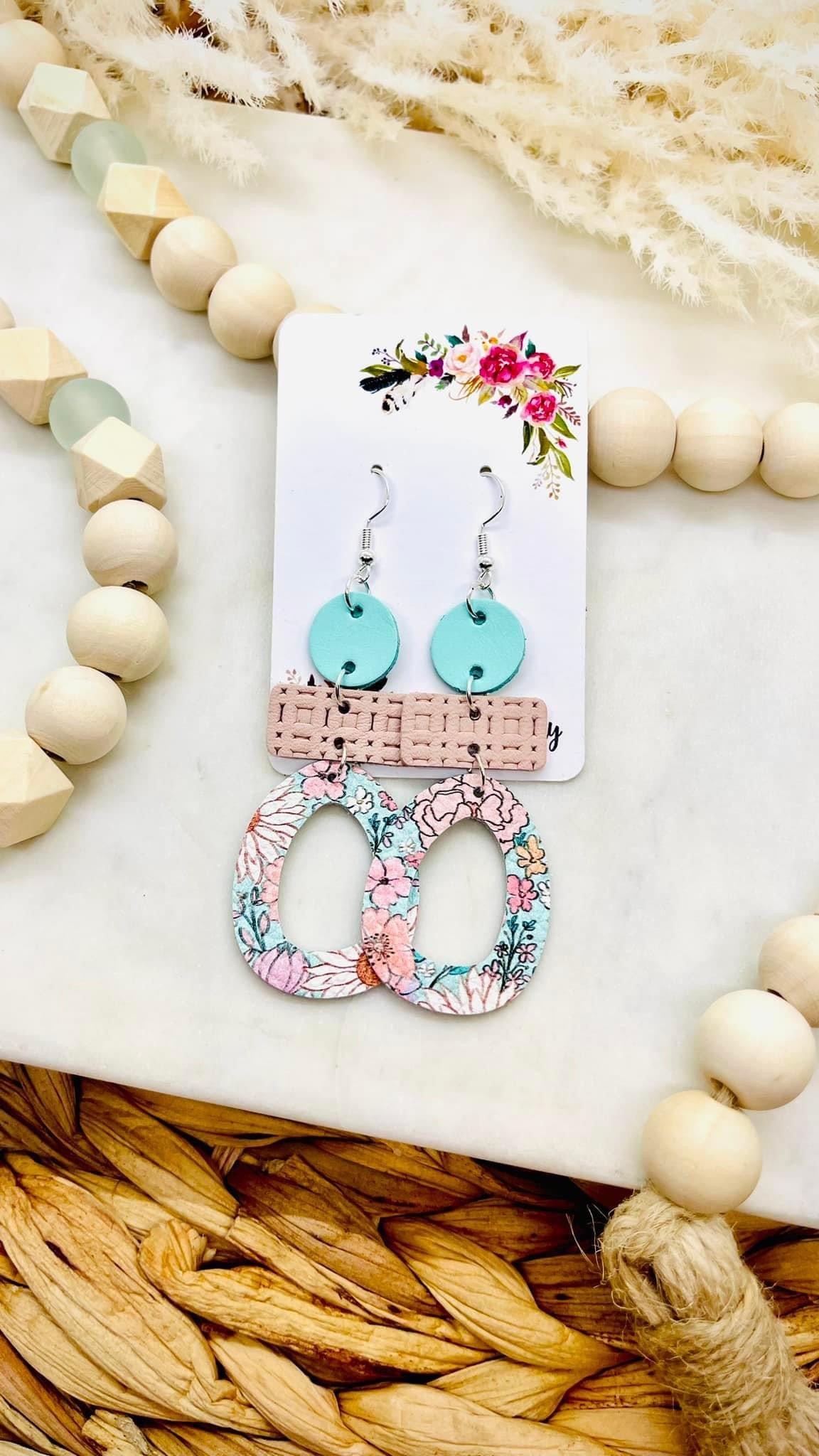 Ivory Pink Trellis Mint Floral Earrings