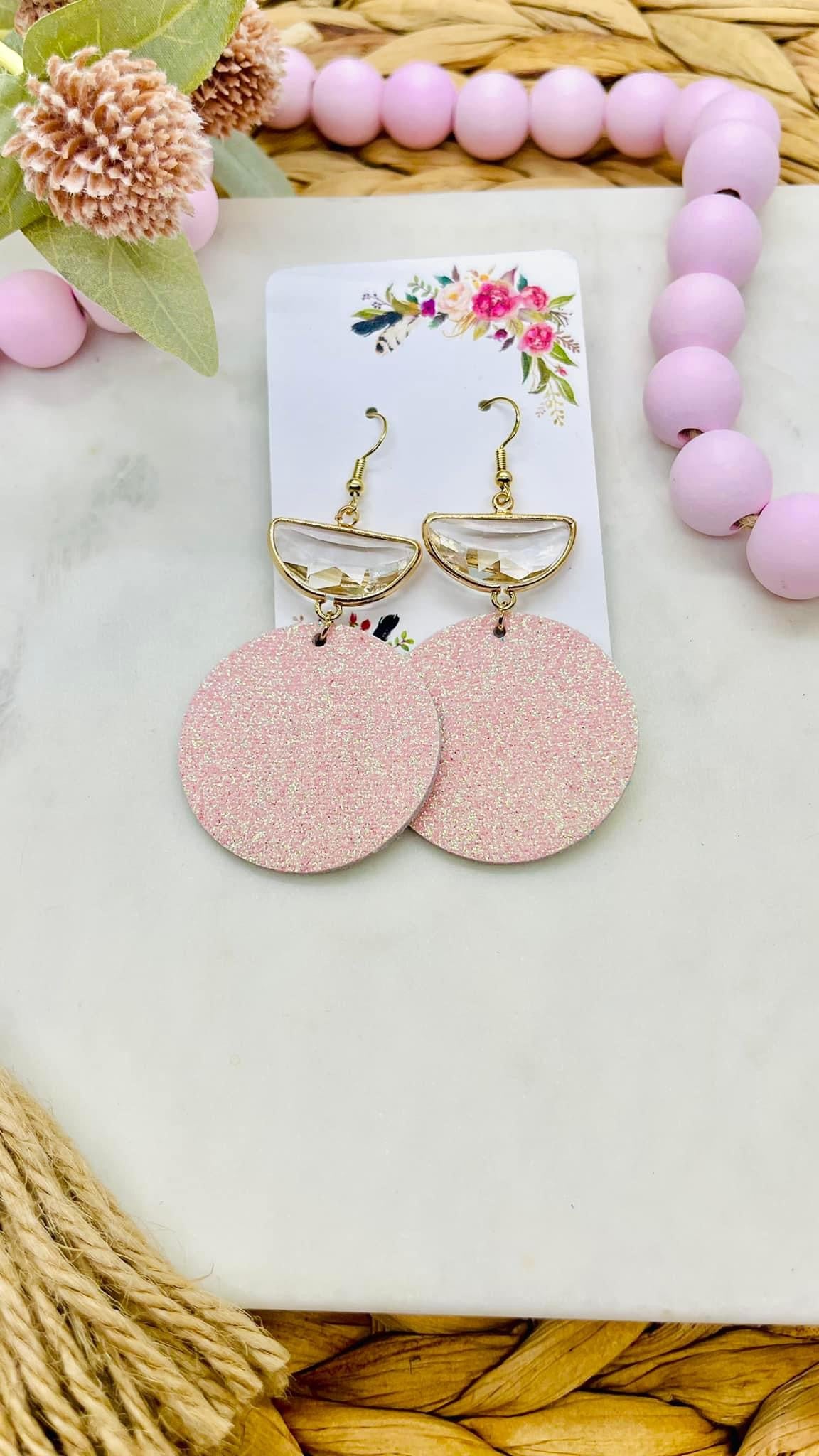 Blush Pink Iridescent Crystal Half Moon leather earrings