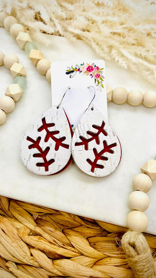 Baseball Cutout Teardrop Cork Leather Earrings