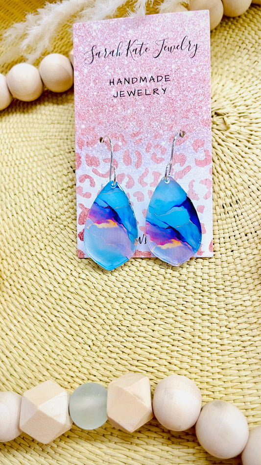 Aqua Blue and Pink Marble Acrylic Earrings