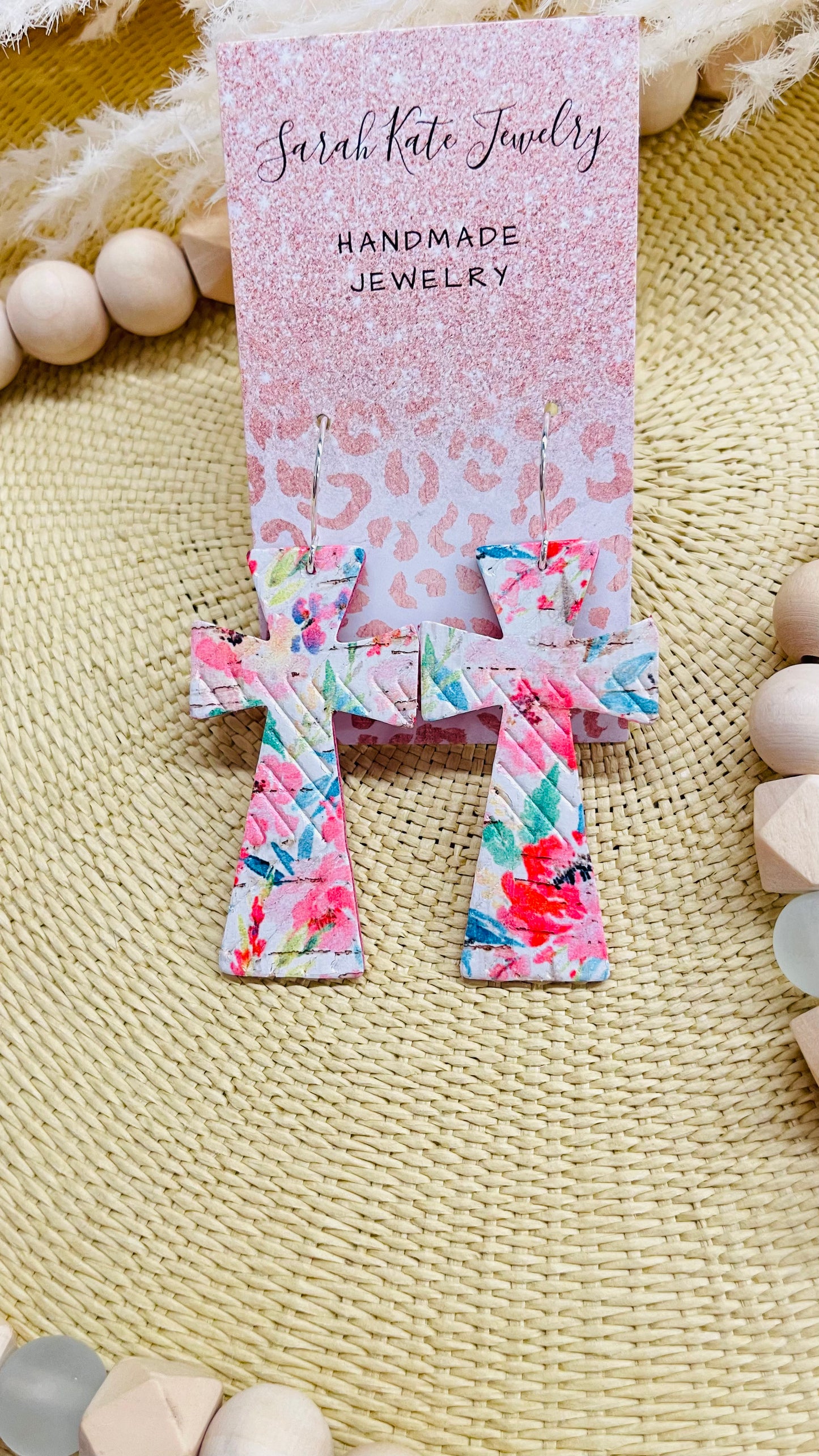 Bright Pink Floral Embossed Cross Leather Earrings