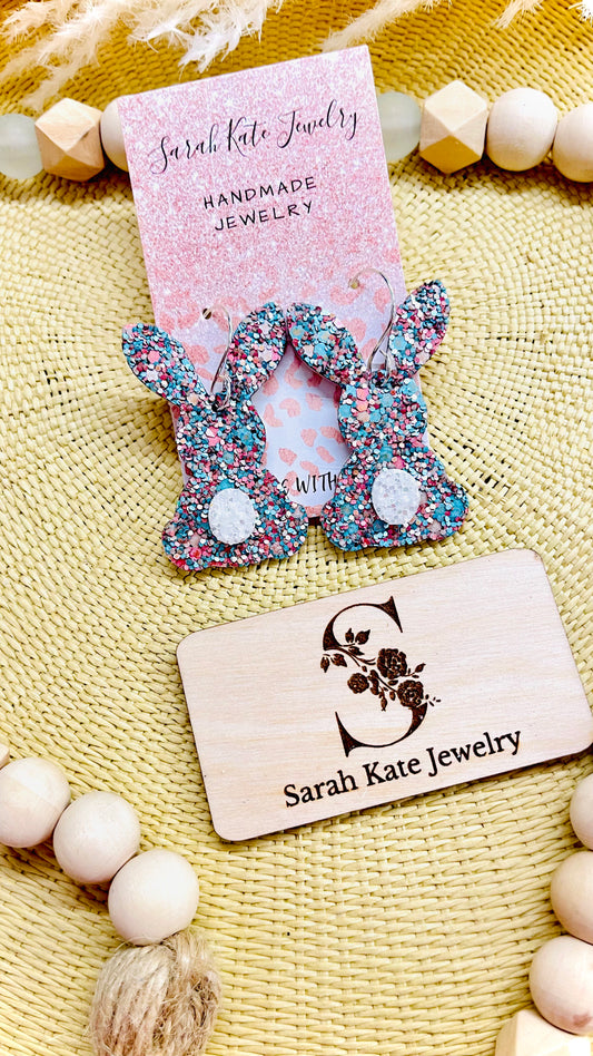 Aqua Pink Glitter White Bunny Tail Earrings