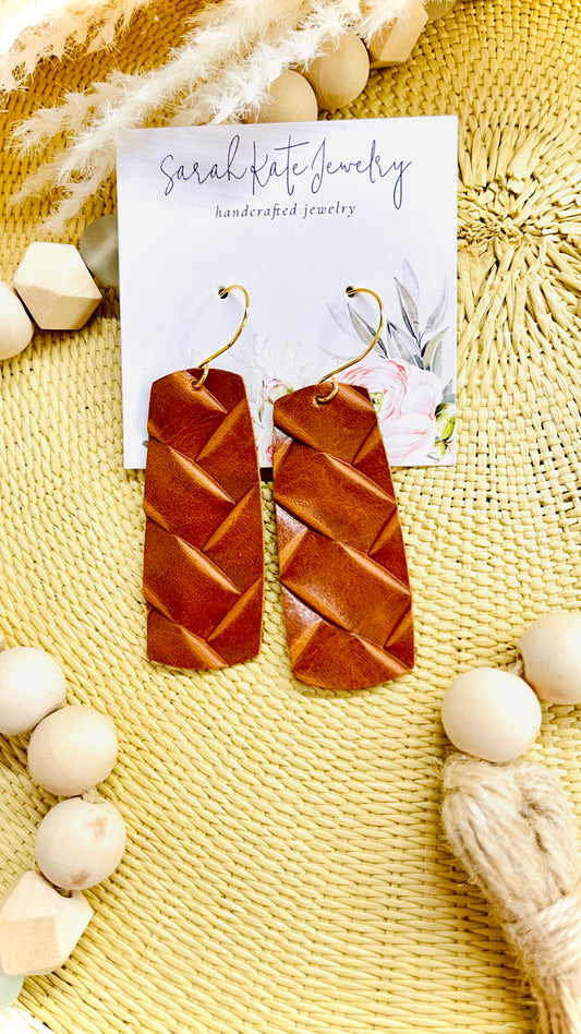 Cognac Brown Braided Rectangle Bar Leather Earrings