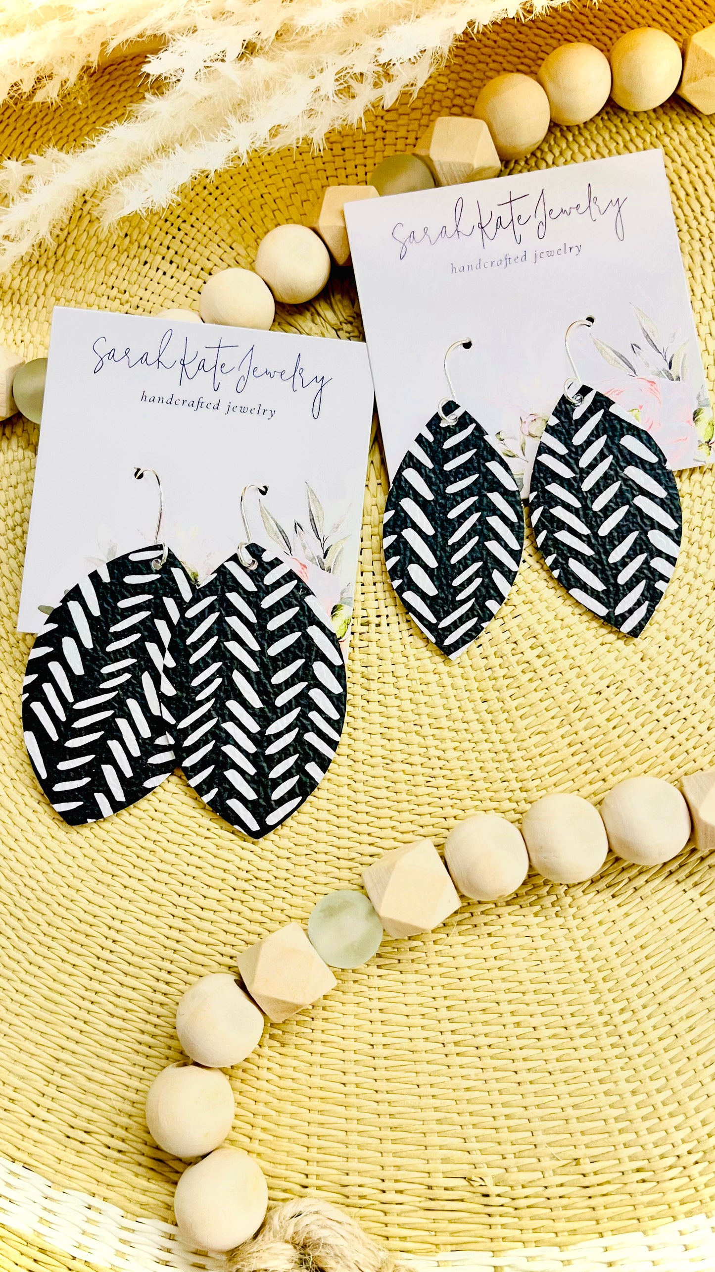 Black Broken Chevron Leaf Leather Earrings