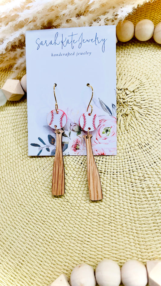 Wooden Bat and Baseball Acrylic Earrings