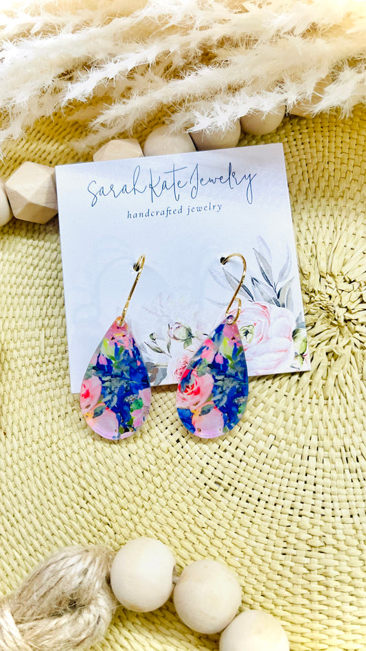 Dainty Blue Floral Teardrop Acrylic Earrings