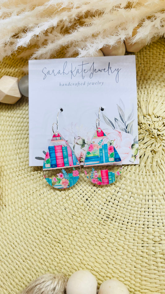 Turquoise Pink Floral Book Acrylic Earrings