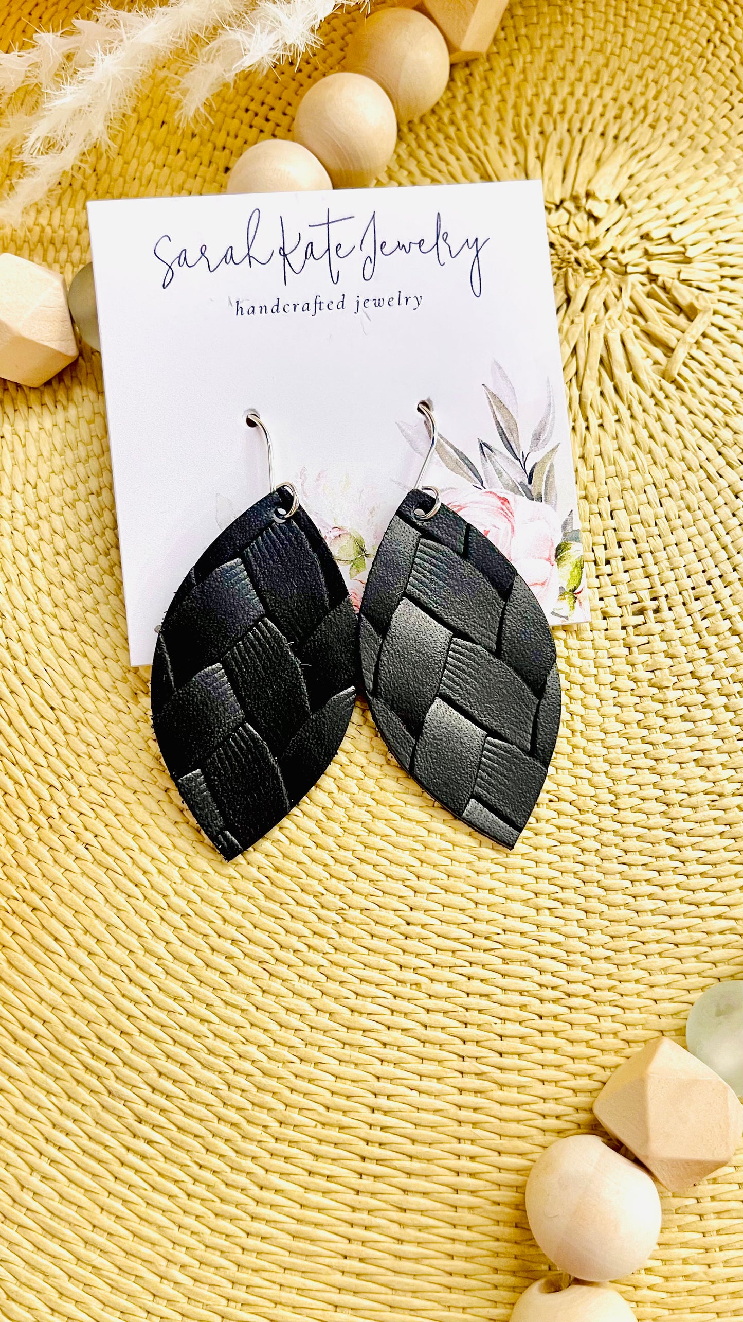 Braided Black Skinny Leaf Earrings