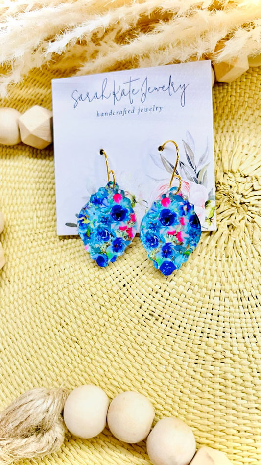 Blue Pink Floral Scalloped Acrylic Earrings