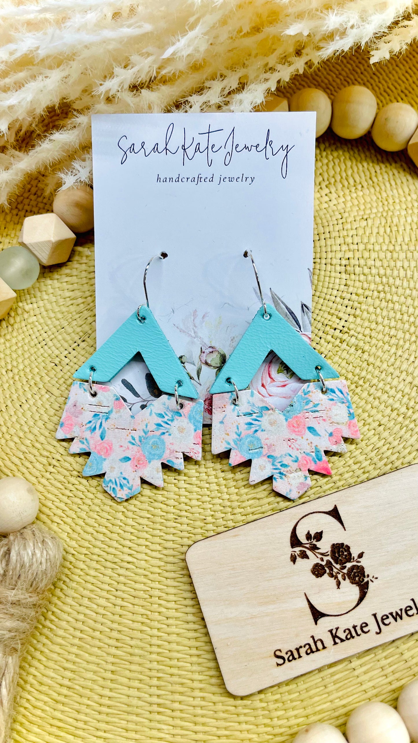 Mint Pink Floral Split Aztec Leather Earrings