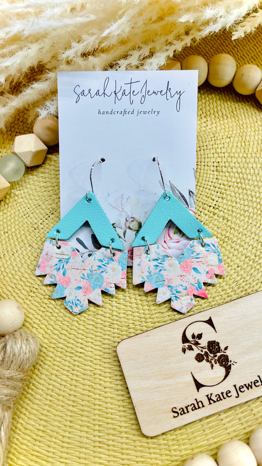 Mint Pink Floral Split Aztec Leather Earrings