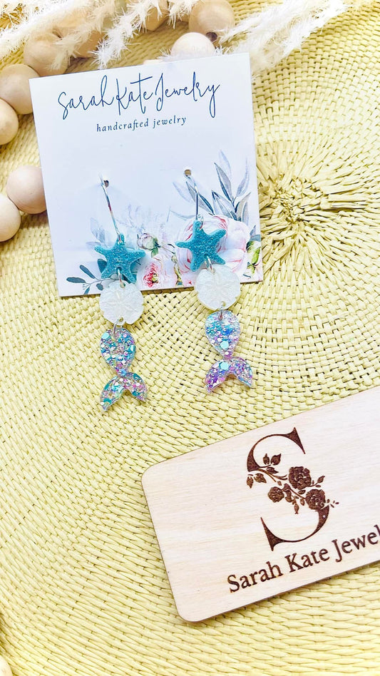 Starfish Glitter Sand Dollar Mermaid Sparkle Acrylic Earrings