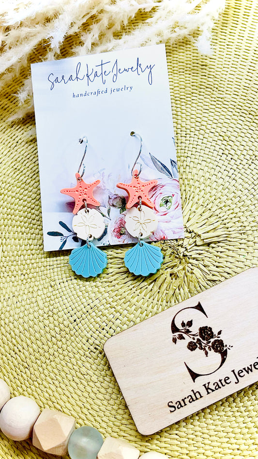 Coral Turquoise Beach Shell Starfish and Sand Dollar Acrylic Earrings