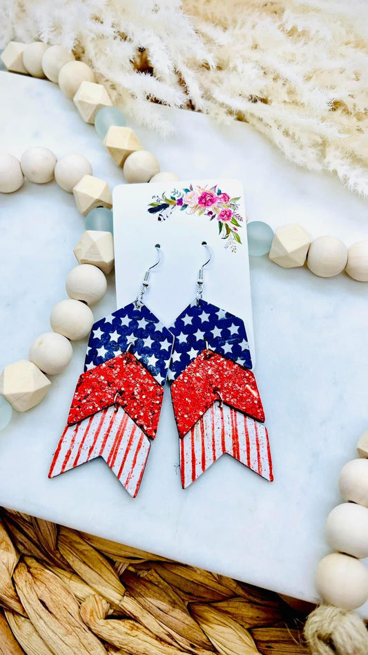 Stars and Stripes Red Glitter Chevron Arrow leather earrings