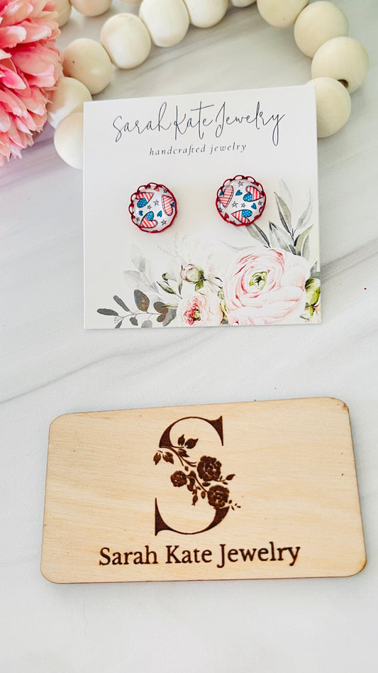 USA Heart Flag Red Crown Crown Studs