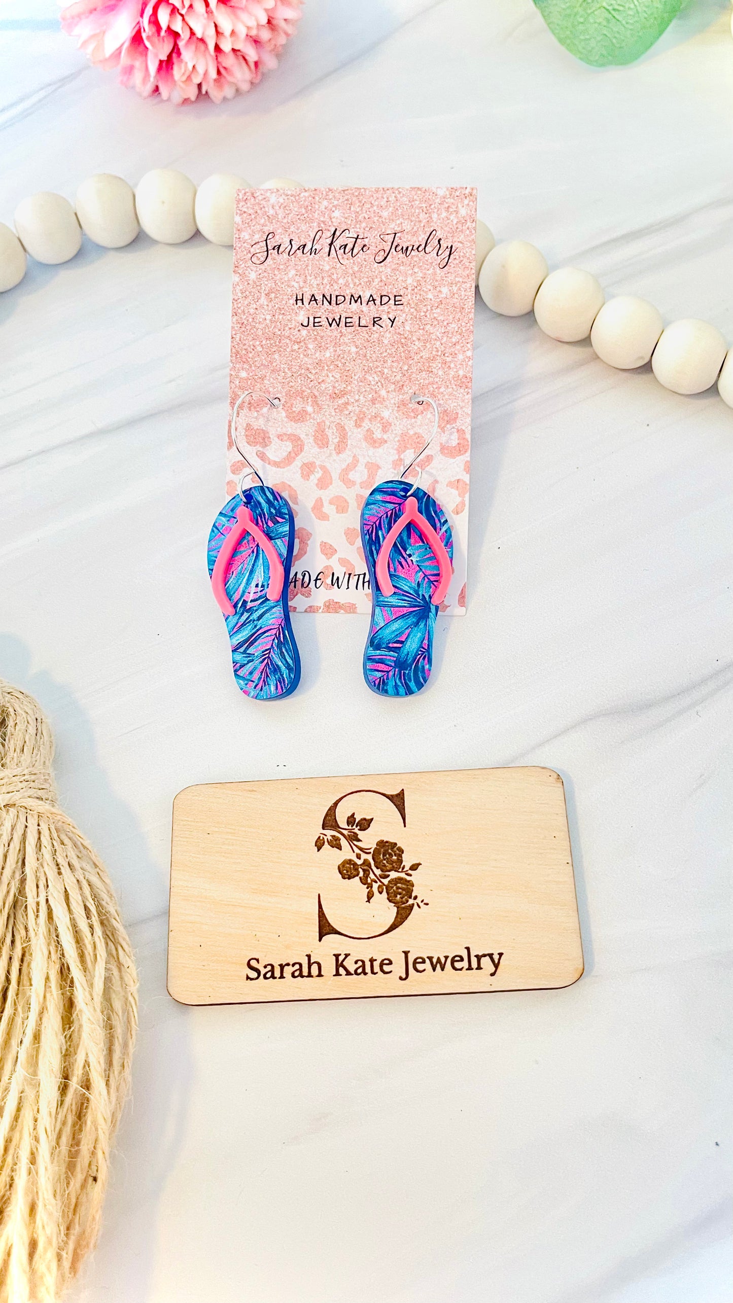 Blue and Pink Floral Flip Flop Acrylic Earrings