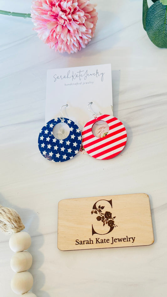 Star Spangled Banner Hoop and Wedge Cork Leather Earrings