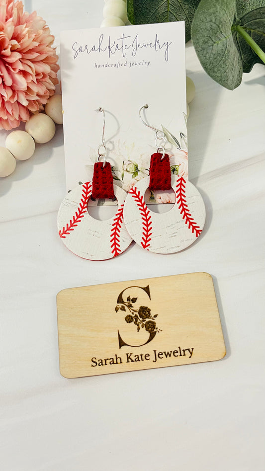 Baseball Stitching Red Leather Hoop Wrap Earrings