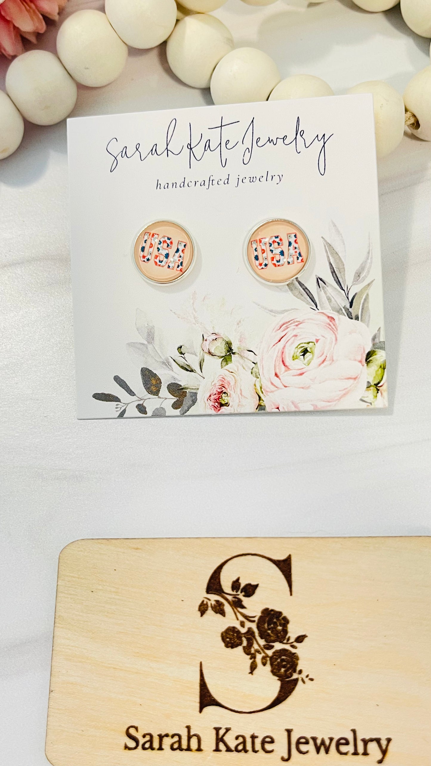 Light Pink Boho Floral USA Studs