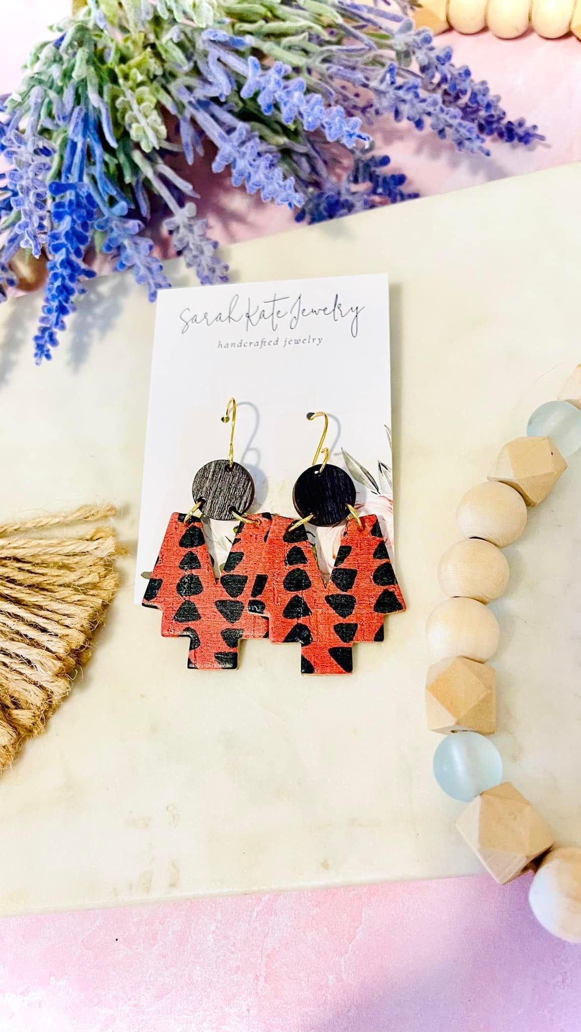 Boho Black Split Rust Orange Aztec Leather Wood Earrings