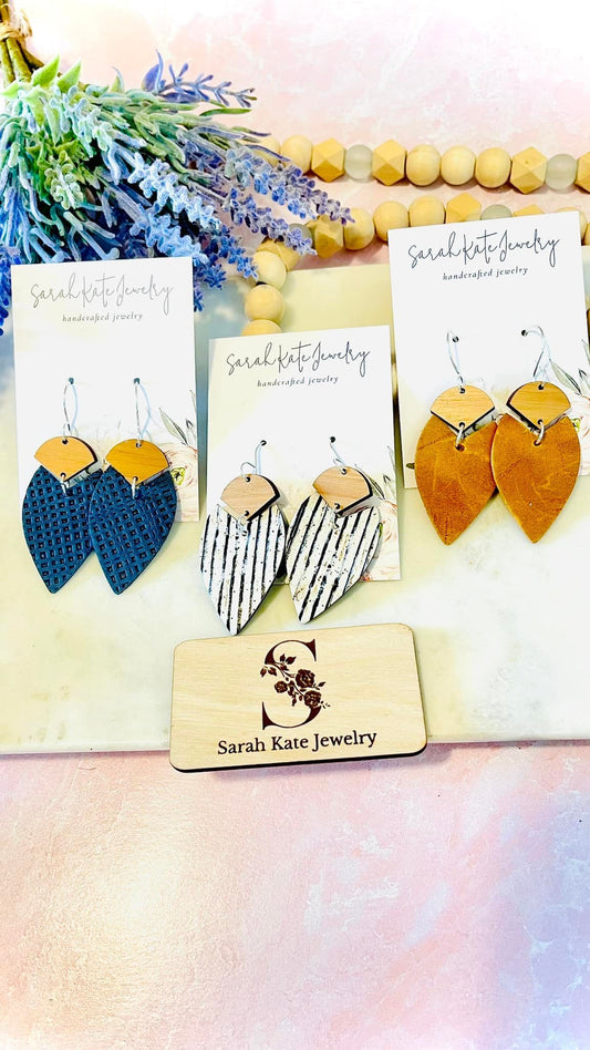 V Triangle Fan Leather Wood Earrings