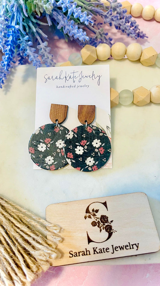 Black Floral U Walnut Leather Earrings