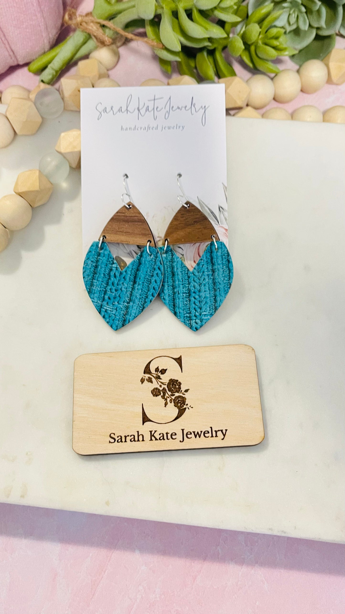 V Turquoise Knit Walnut Triangle Leather Earrings