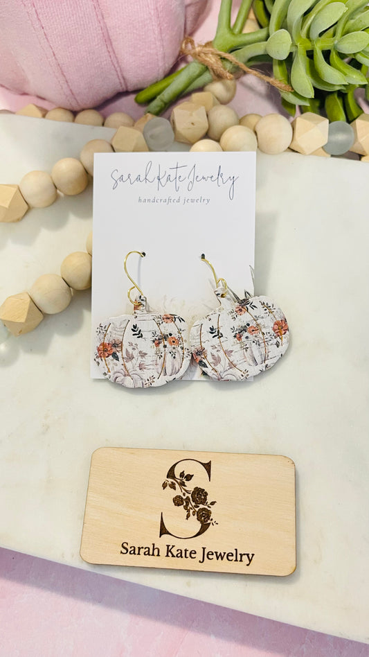 White Floral Embossed Pumpkin Earrings