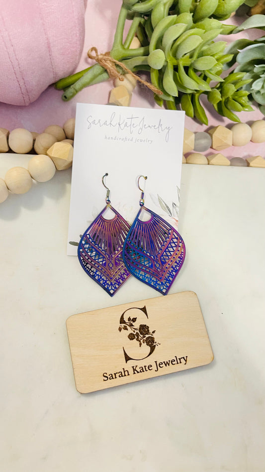 Vibrant Iridescent Bohemian Fan Brass Earrings