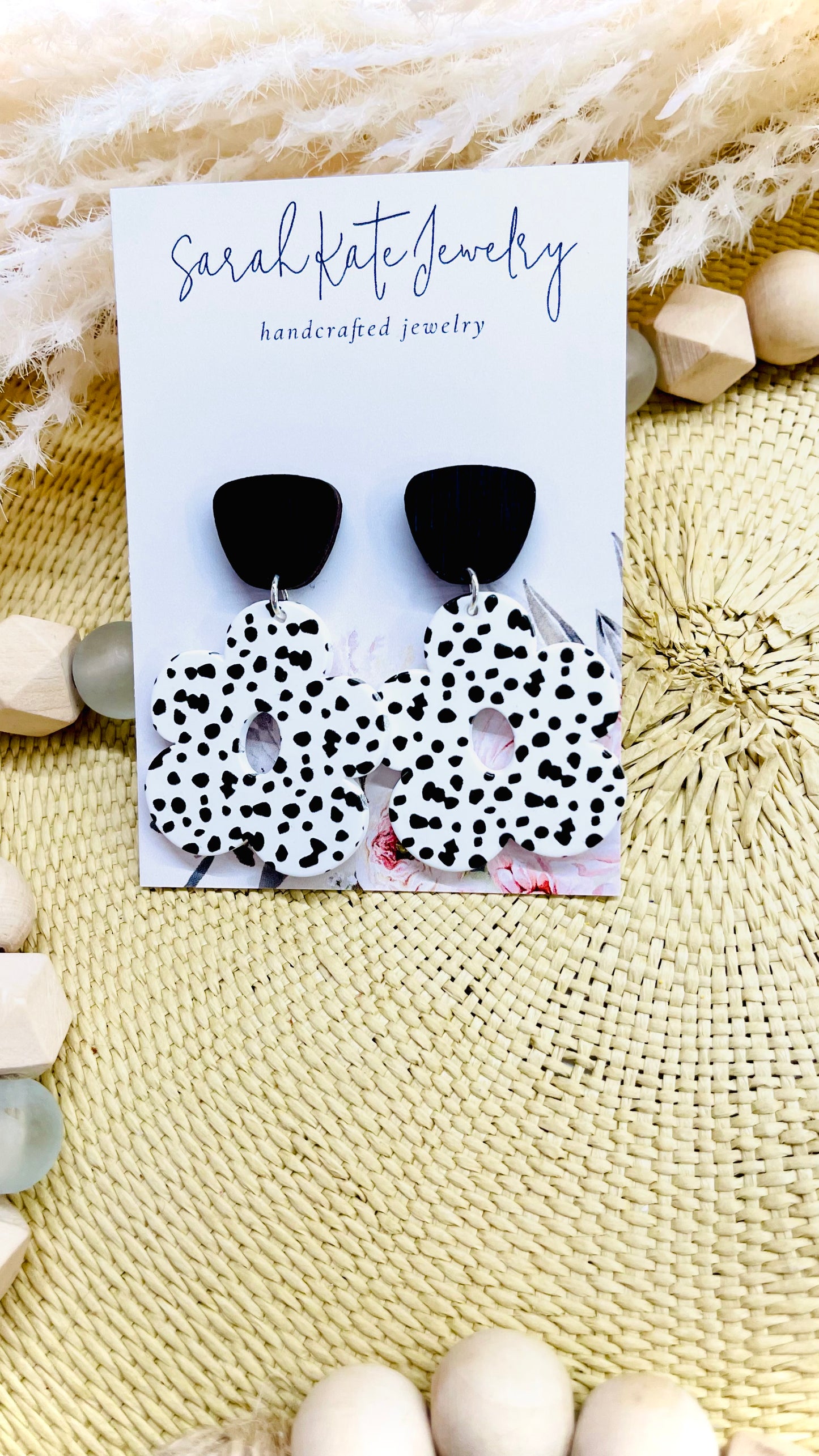 Boho Dalmatian Flower Black Stud Earrings