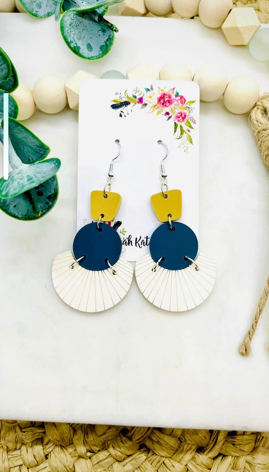 Boho Navy Mustard Embossed Fan Acrylic Earrings