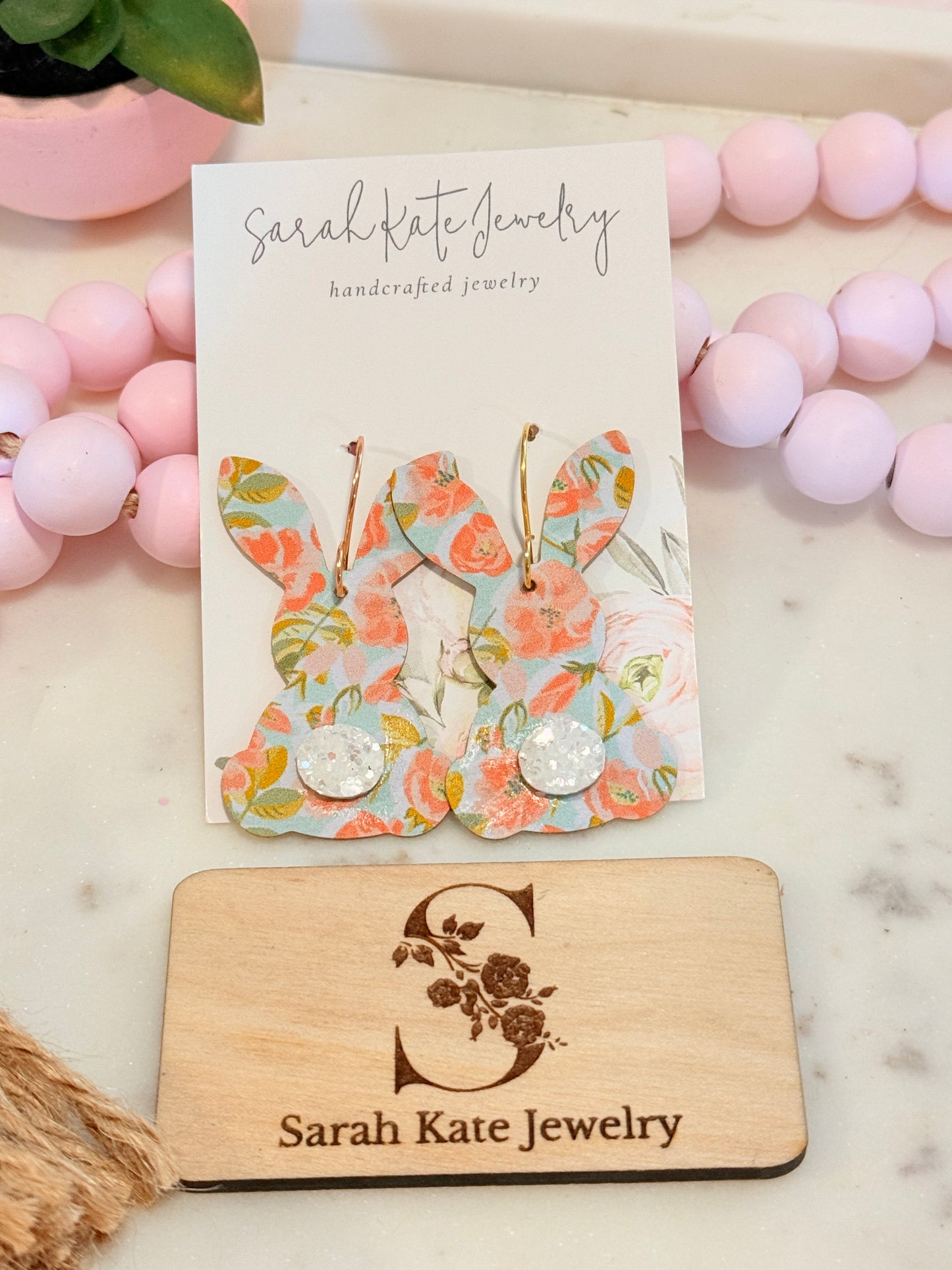 Pastel Rose Bunny Tail Leather Earrings