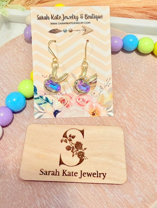 Purple Rhinestone Iridescent Easter Bunny Earrings
