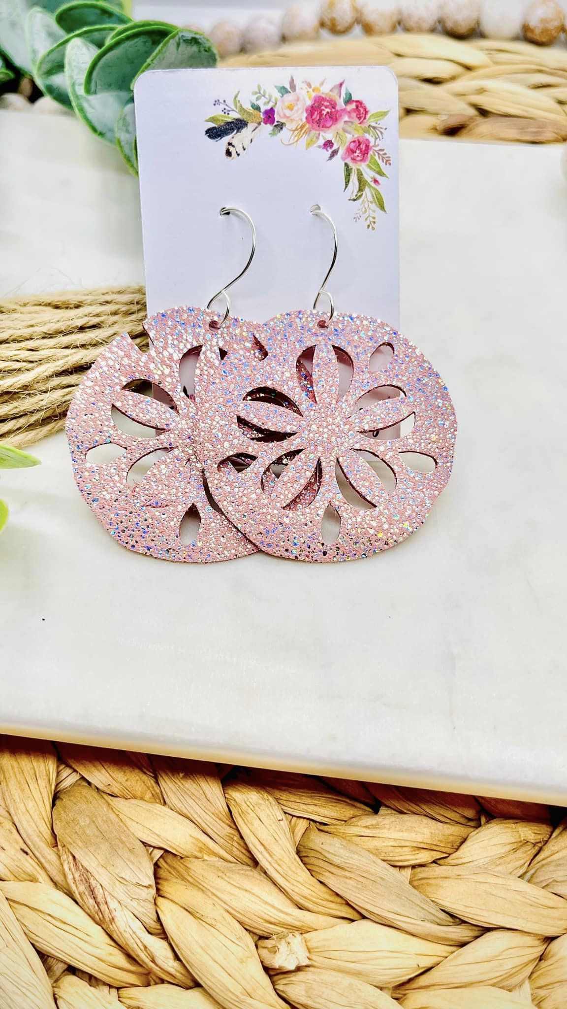 Blush Pink Glitter Sand Dollar Leather Earrings