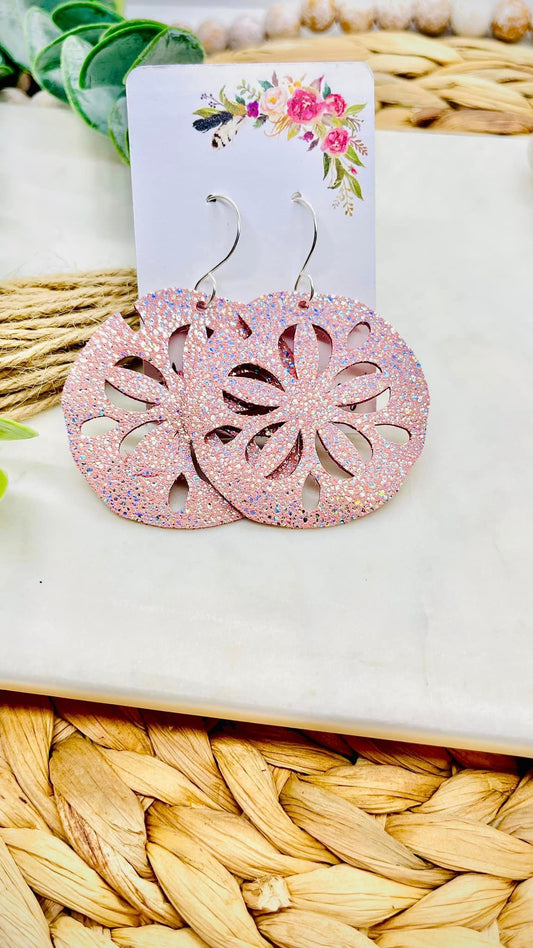 Blush Pink Glitter Sand Dollar Leather Earrings