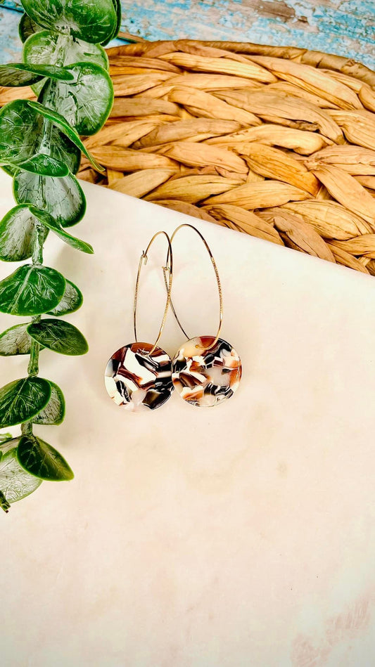 Iced Coffee Swirl Tortoiseshell Acrylic Disc Gold Hoop Earrings