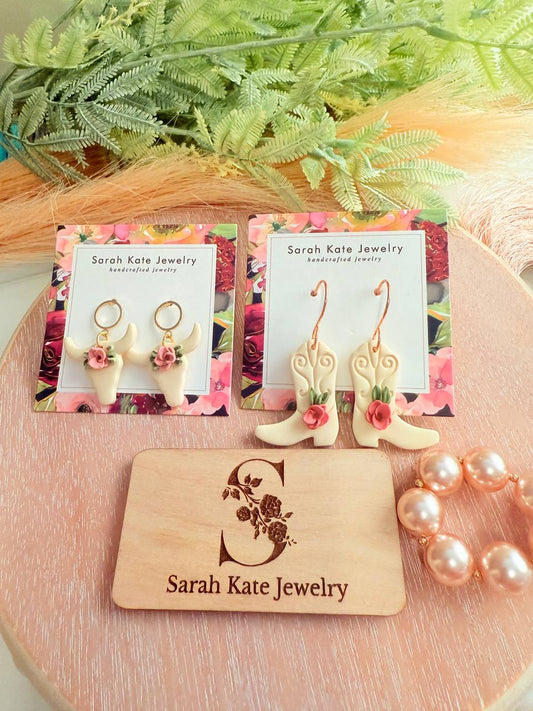 Bullhorn Rose Polymer Clay Earrings and Cowgirl Boot Rose Polymer Clay Earrings