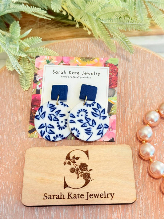 Navy Floral Polymer Clay Earrings