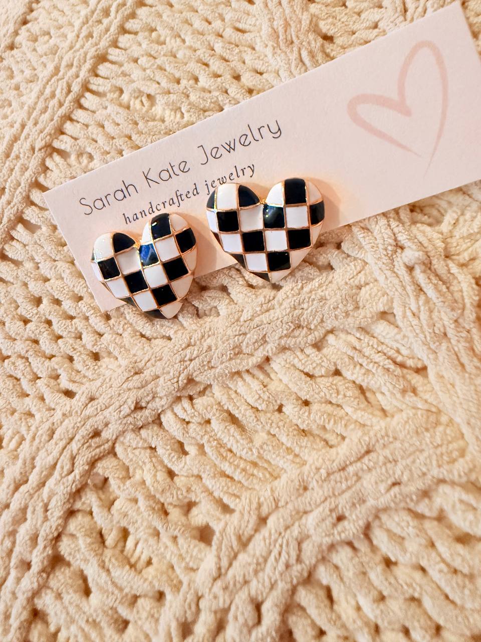 Black Checkered Heart Studs